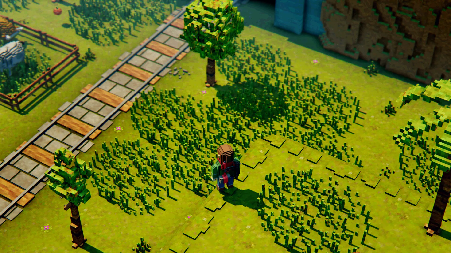 The Easton Meadow rail line winding through voxel grass and fences — real in-game screenshot